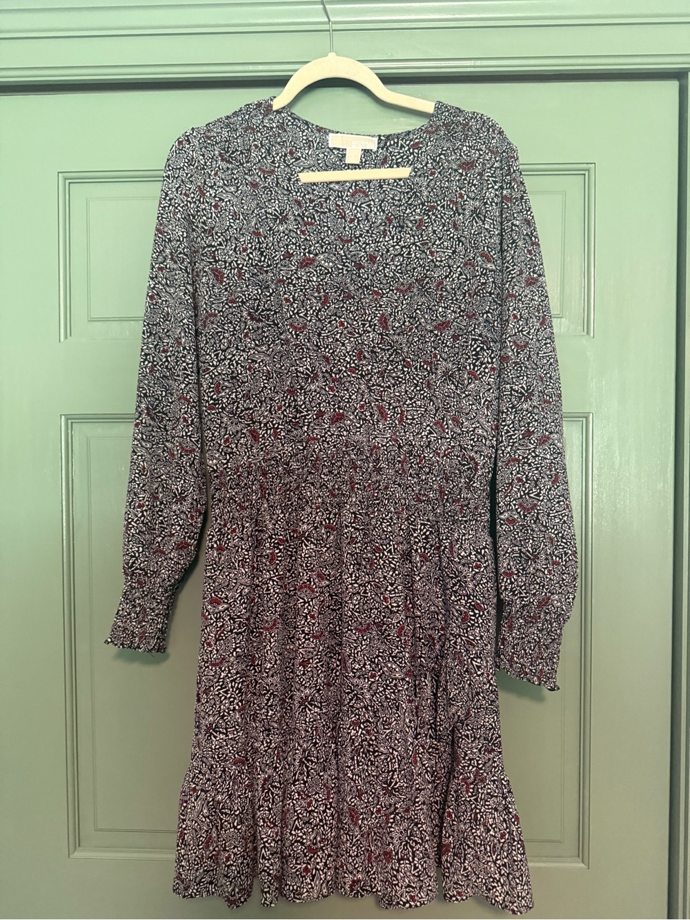 Michael Kors Black and Burgundy Long Sleeve Floral Tiered Dress